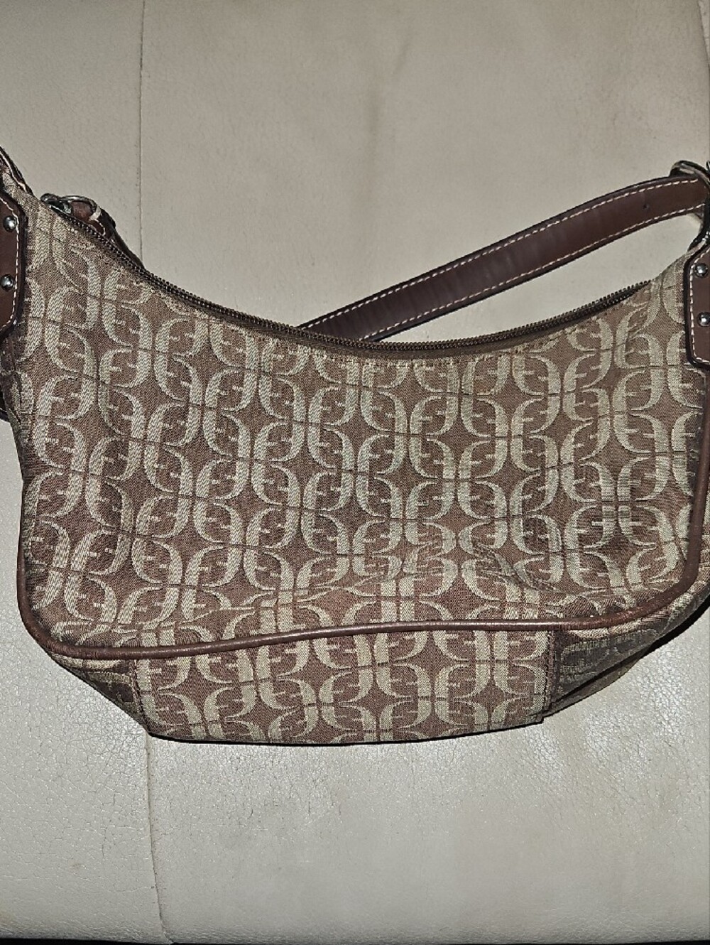 Fossil Brown Logo Jacquard Shoulder Bag with Dark Brown Trim - Picture 9 of 10
